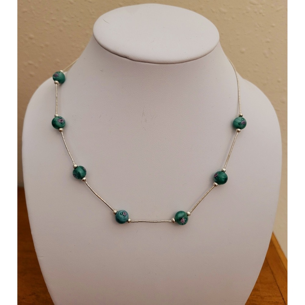 Vintage Millefiori‎ Glass Bead Necklace 925 Sterling Silver Signed Jordan 17"
